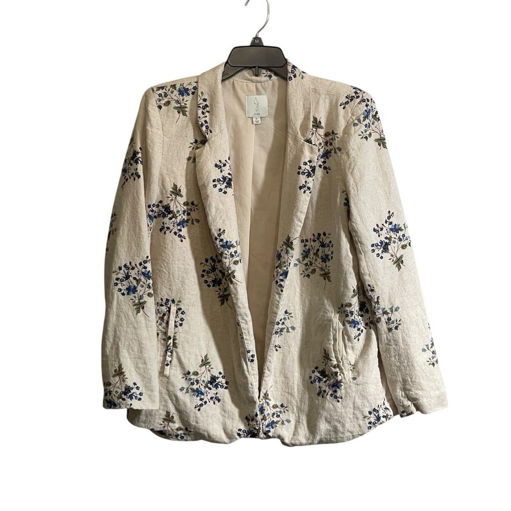 Joie Cream Floral Linen-Blend Blazer with Blue Accents